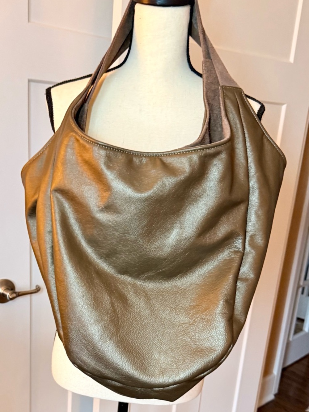 Oversized Leather Hobo Metallic Gold/Olive Tote Bag